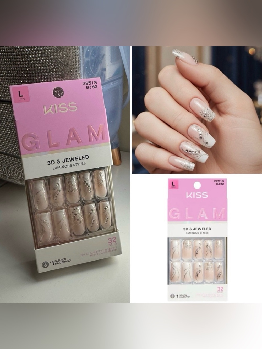3/$15 KISS GLAM 3D Jewel Press On Nails “Wrapped in Beauty” Neutral Long Square